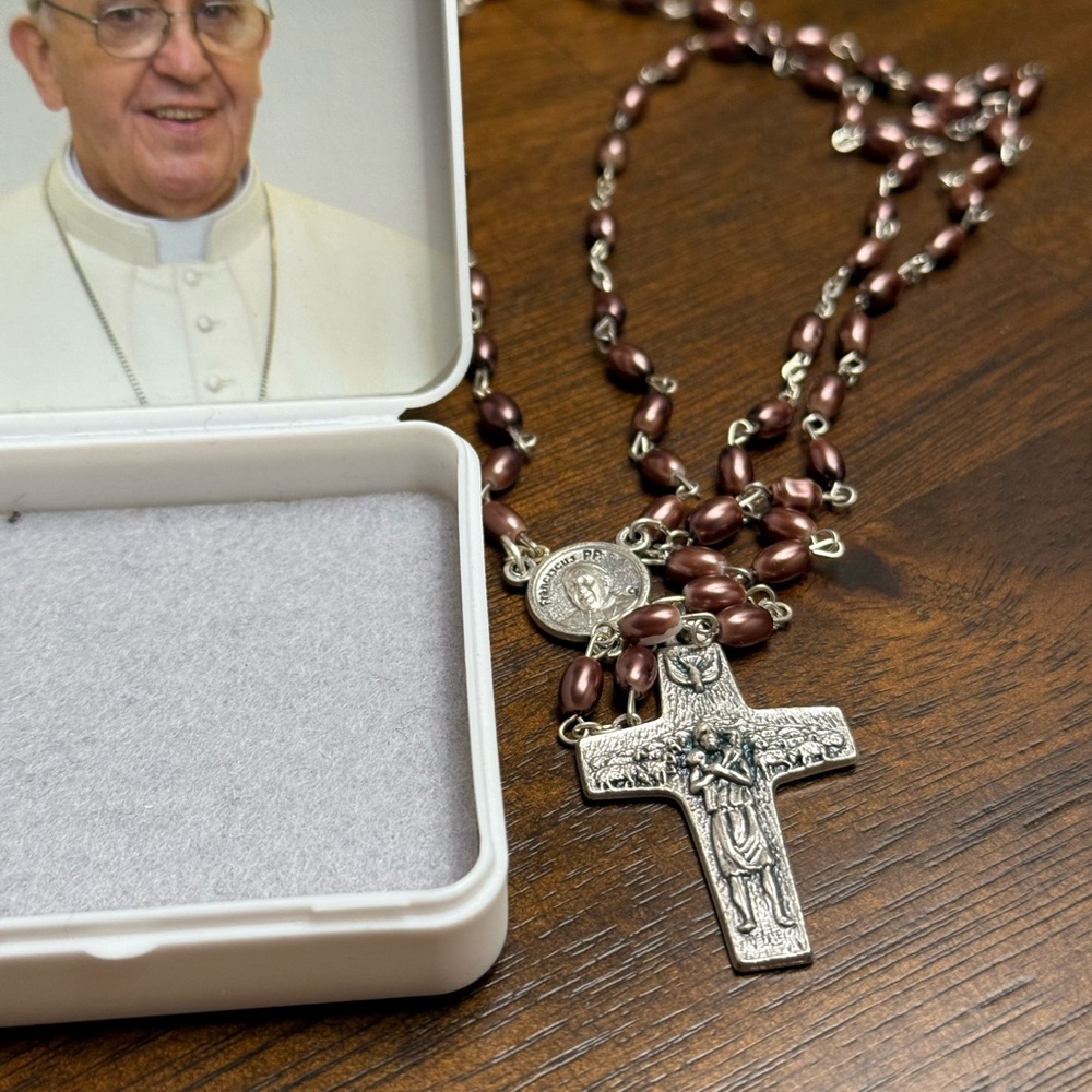 Silver Cross Rosary with Brown Beads (Made in Italy)